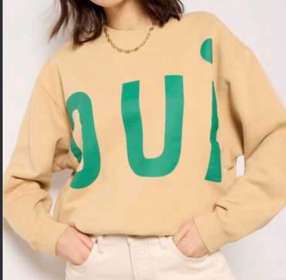 Clare V. Oui Graphic Cotton Crewneck Sweatshirt Tan Green Small